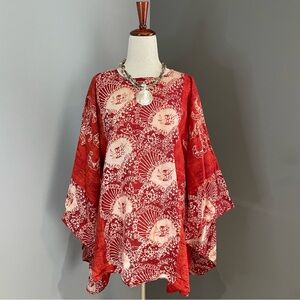 Gorgeous Batik Poncho Pashmina Shawl Size OS Pullover Boho Burnt Orange & Cream